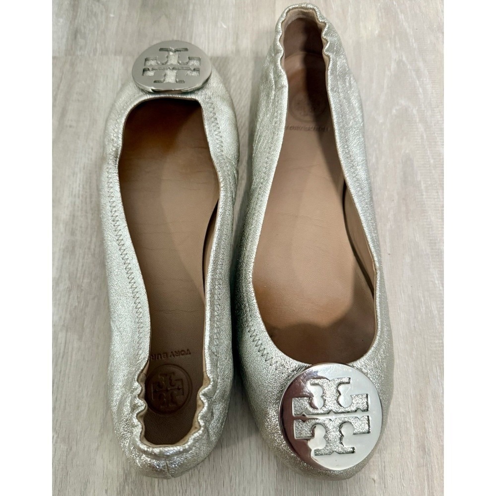 Tory Burch Minnie Travel Ballet Flats Women Silver Metallic Crackle Leather 9.5
